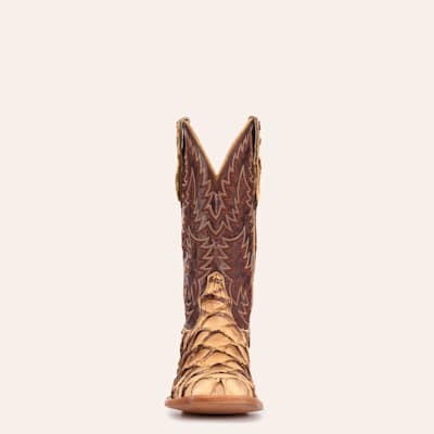 Men’s Brass and Caramel Pirarucu Wide Square Toe Exotic Cowboy Boots