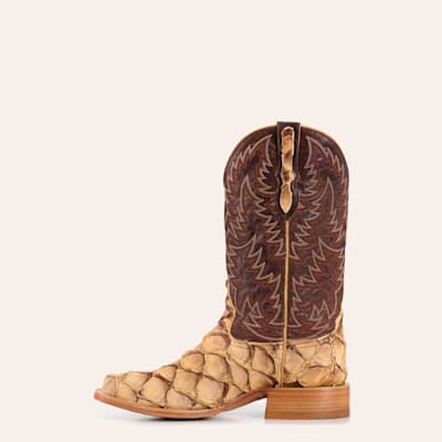 Men’s Brass and Caramel Pirarucu Wide Square Toe Exotic Cowboy Boots