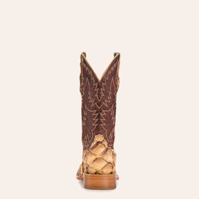Men’s Brass and Caramel Pirarucu Wide Square Toe Exotic Cowboy Boots
