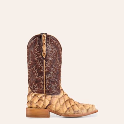 Men’s Brass and Caramel Pirarucu Wide Square Toe Exotic Cowboy Boots