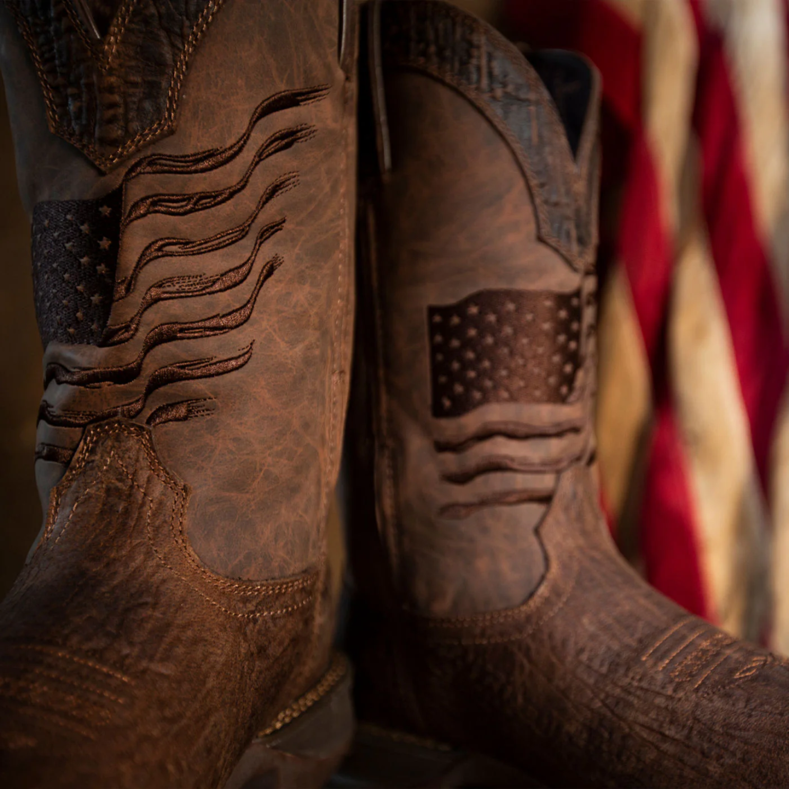 Brown Distressed Flag Embroidery Western Boot