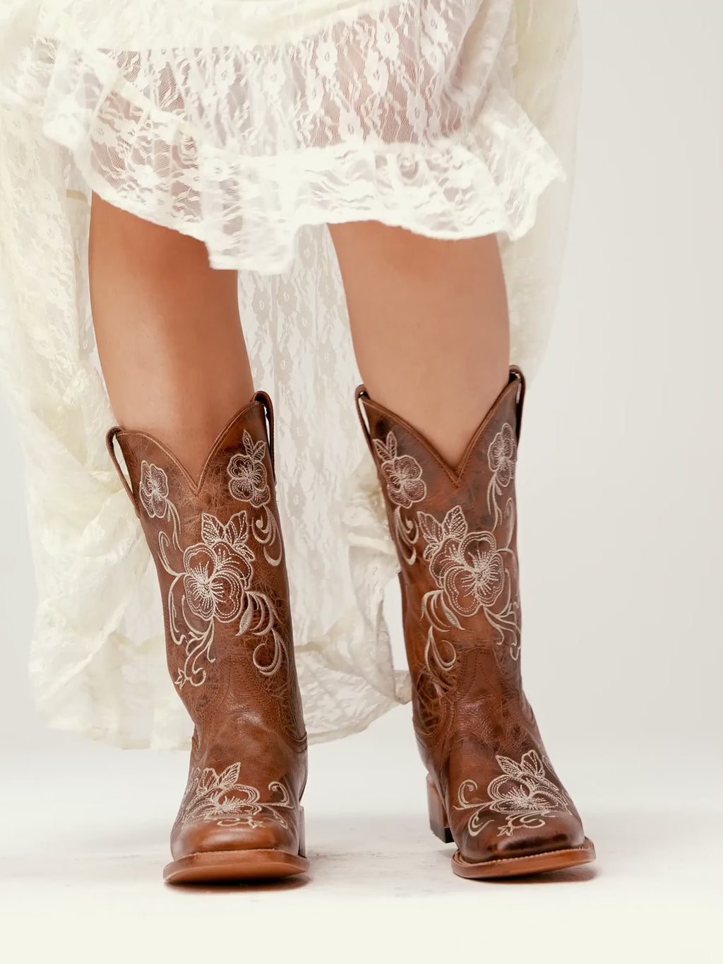 Floral Embroidered Western Boots - Broad Square Toe