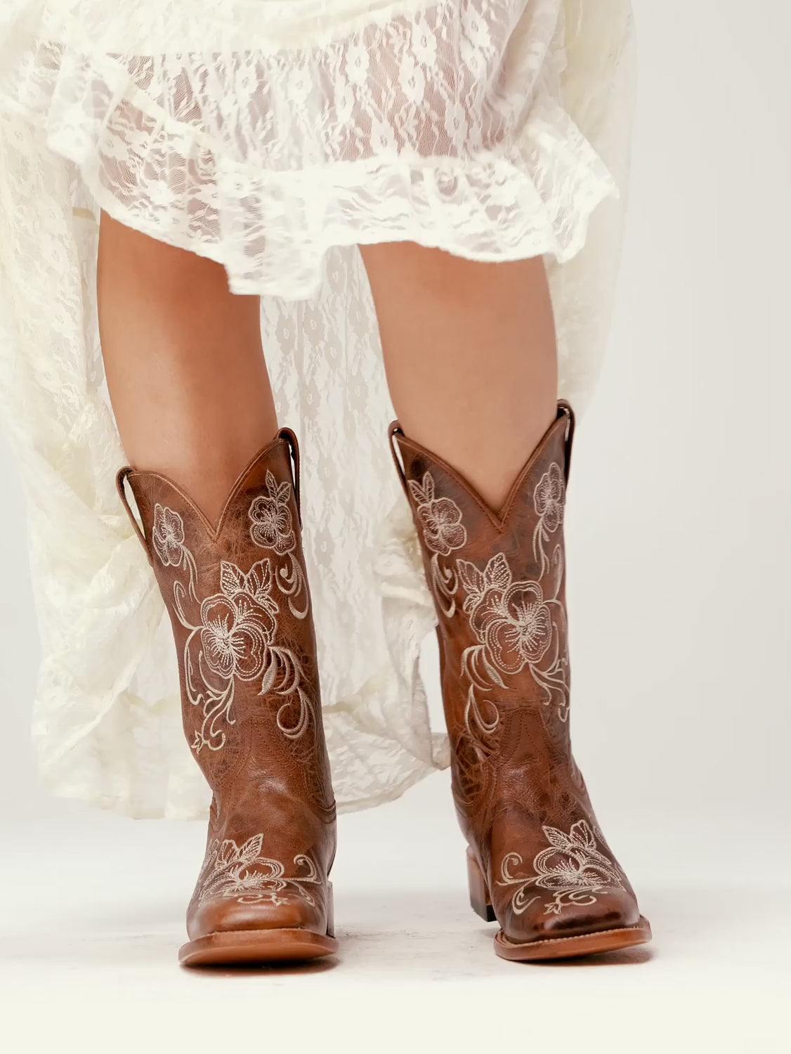 Floral Embroidered Western Boots - Broad Square Toe